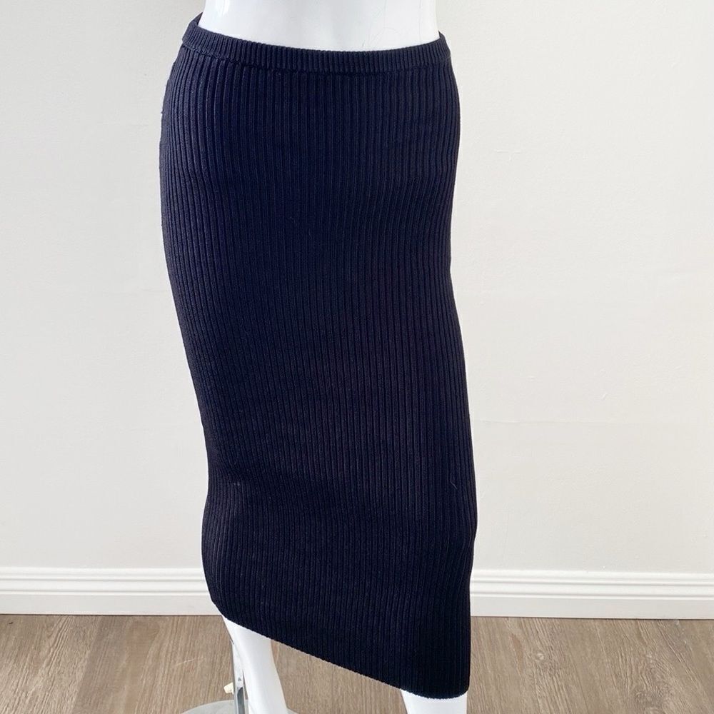 Aya Muse Black Ribbed Knit High Waist Midi Skirt Rayon Nylon Blend Revolve